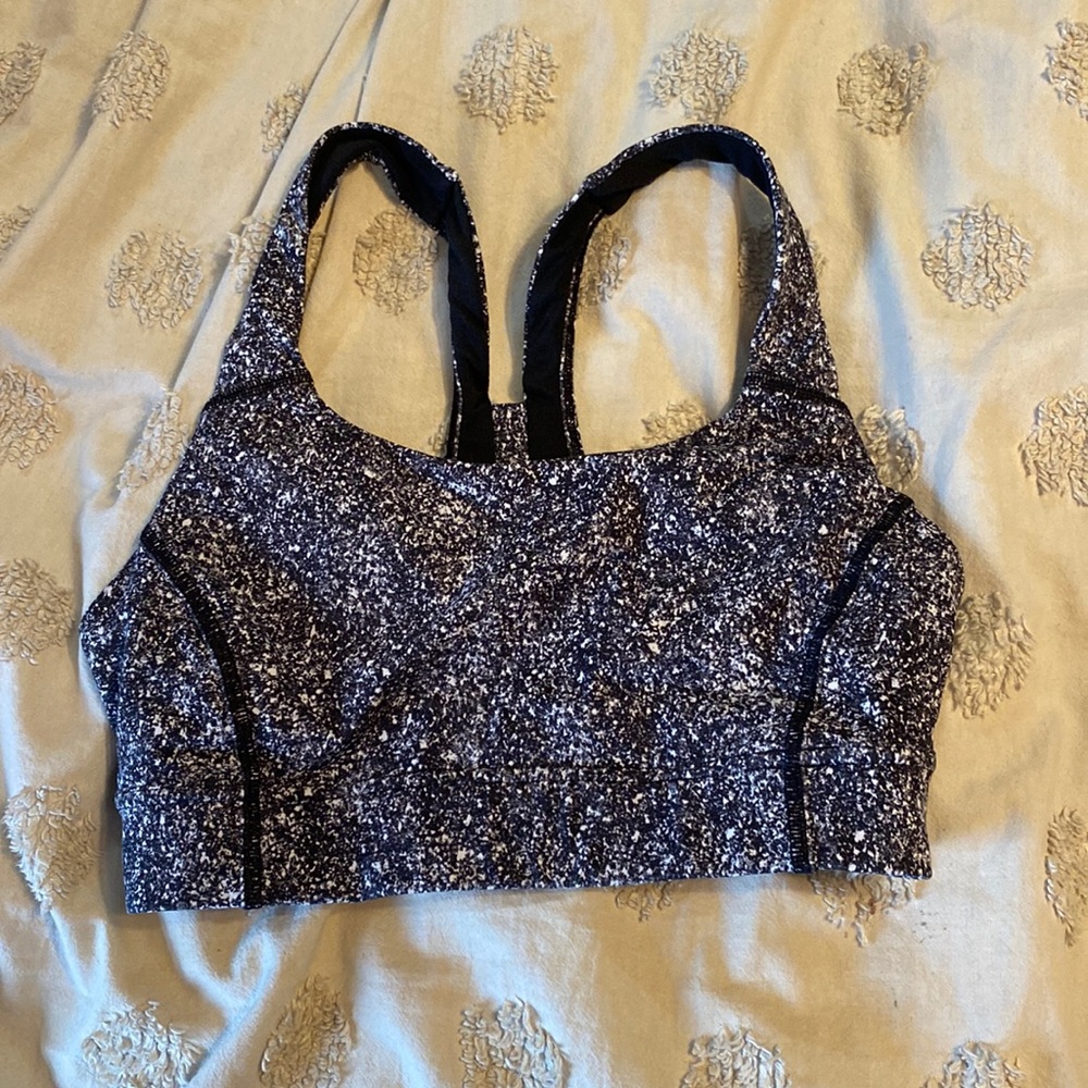 black and white speckled sports bra